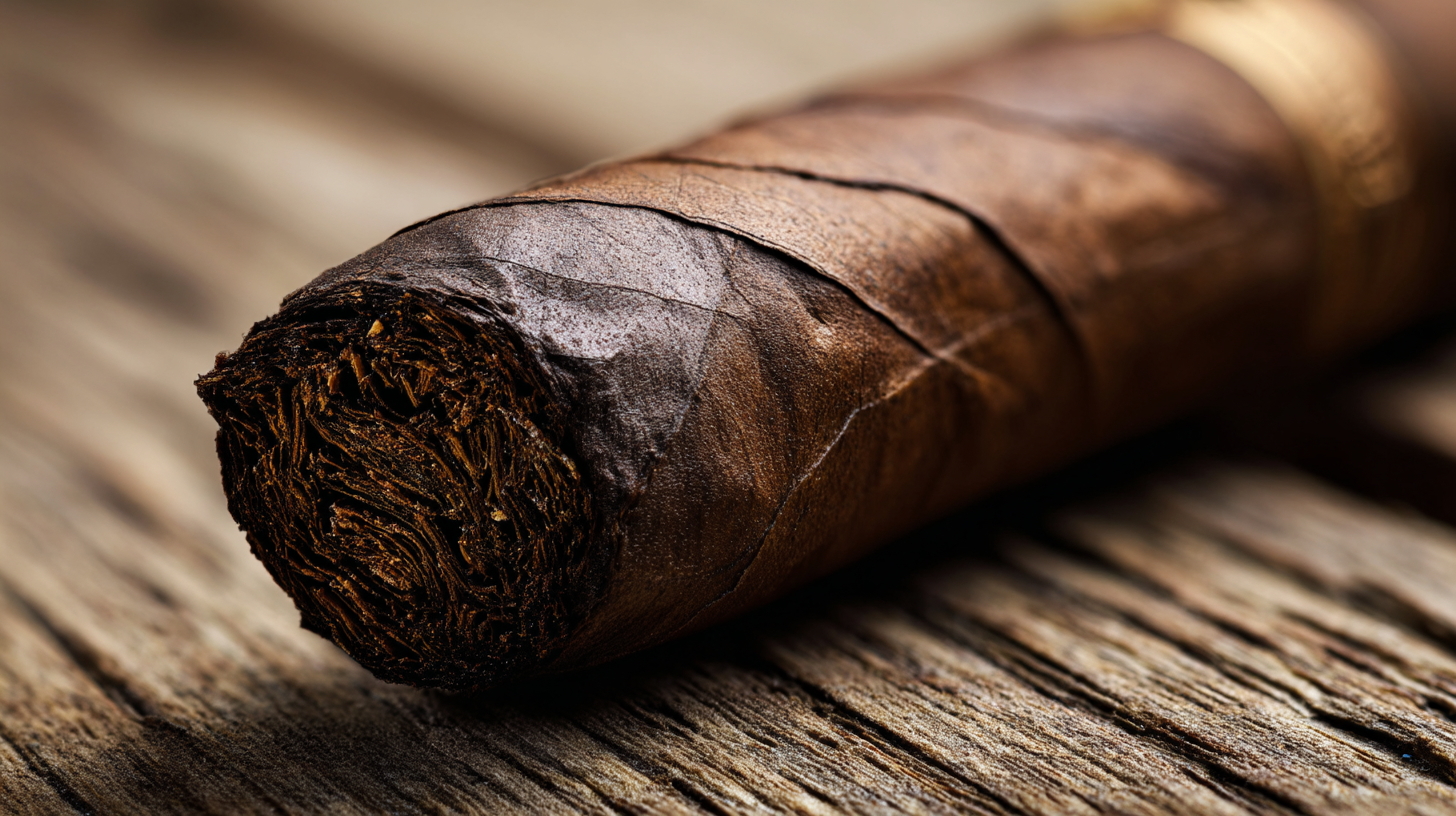Close-up of a cigar wrapper leaf showing its texture, oil sheen, and natural tobacco color.