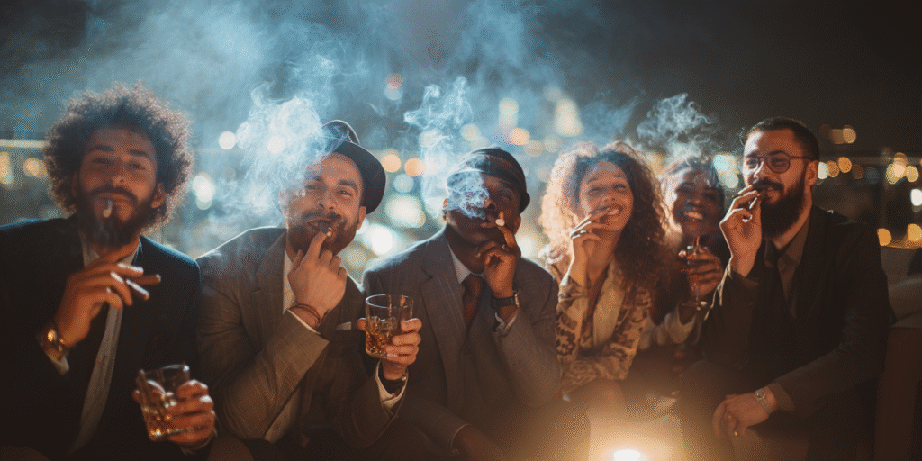 Group of six types of cigar smokers personalities sharing cigars on a rooftop patio with city lights.