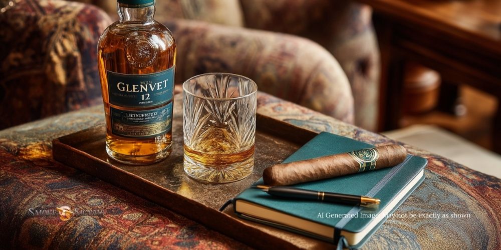Glenlivet 12 with Habano cigar and tasting journal.