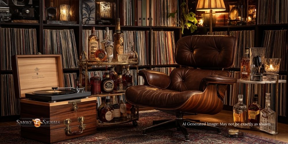Cozy home cigar lounge with whiskey cart, humidor, and leather chair
