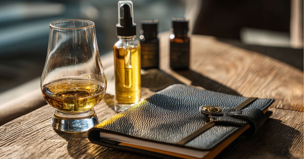 How to taste whiskey step by step with Glencairn glass, tasting notebook, and dropper