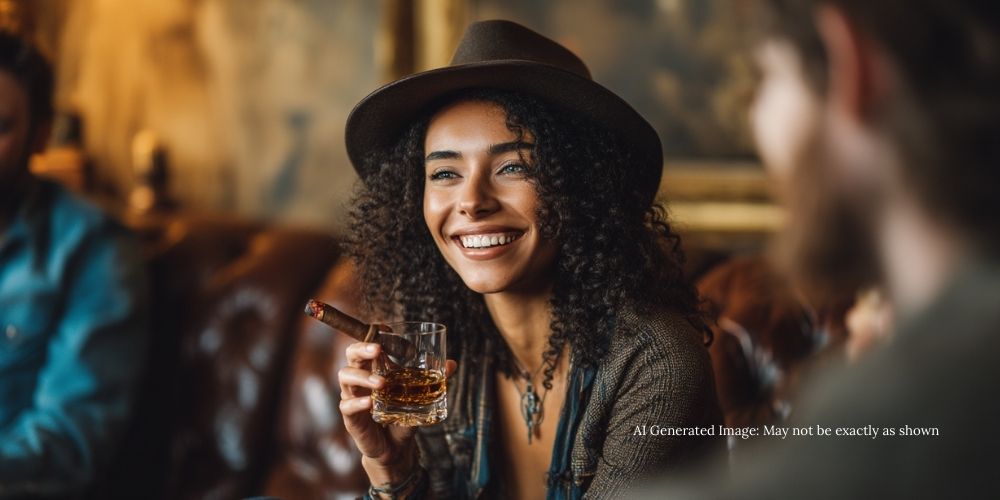 Woman sipping Irish whiskey with a light cigar.
