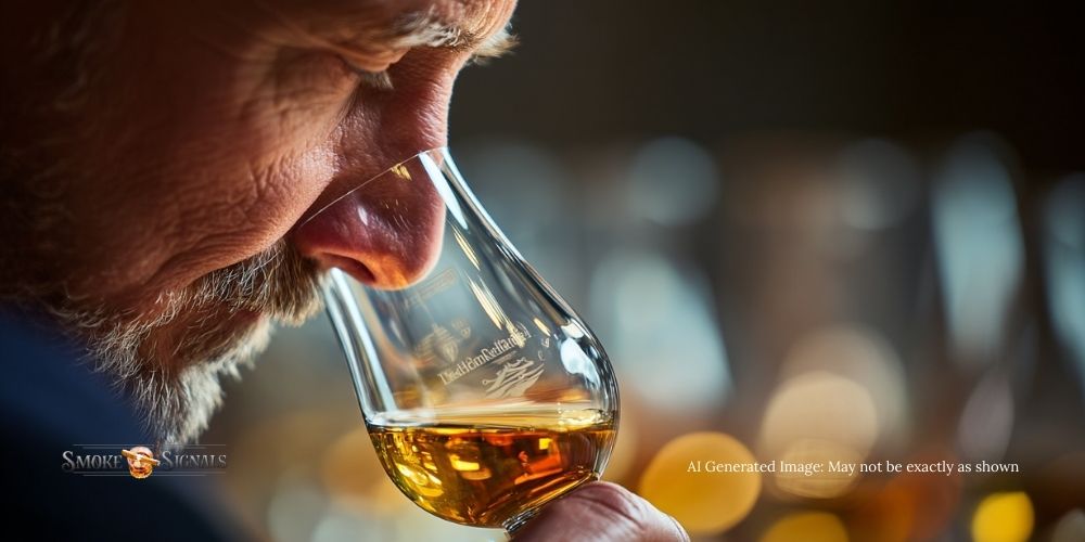 Step-by-step whiskey tasting process with Glencairn glass and nosing technique