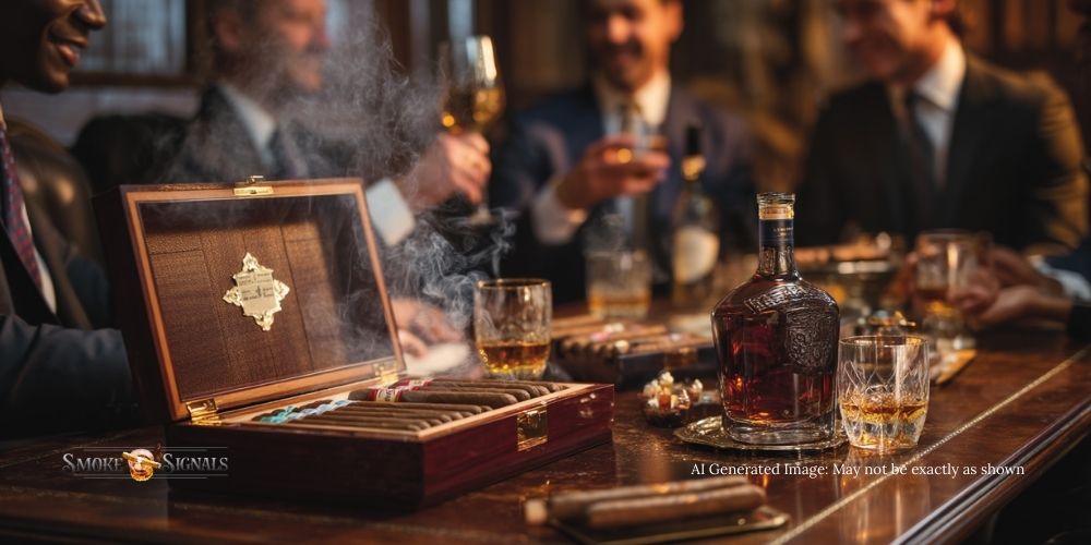 Business colleagues celebrating a promotion with bourbon and cigars.