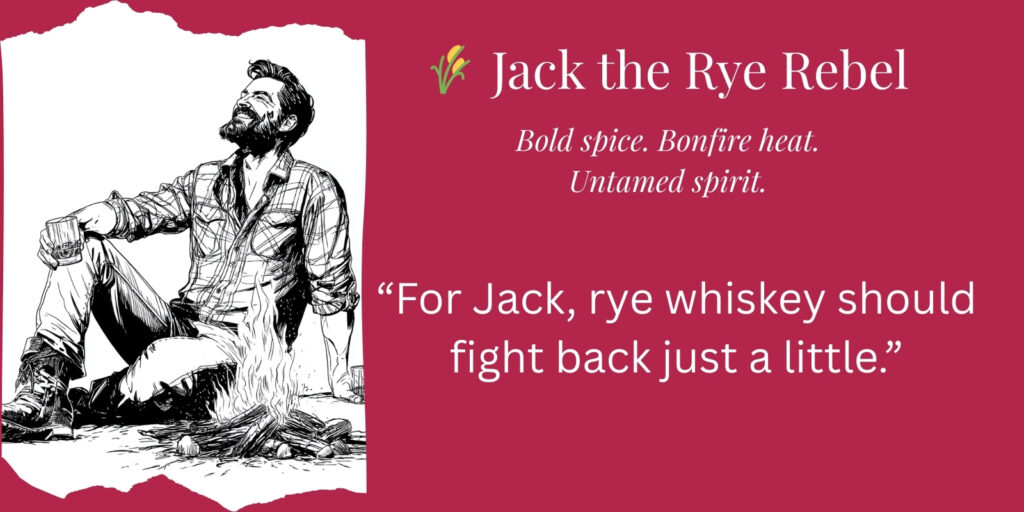Ink sketch of Jack the Rye Rebel, bold whiskey personality enjoying rye whiskey beside a bonfire.