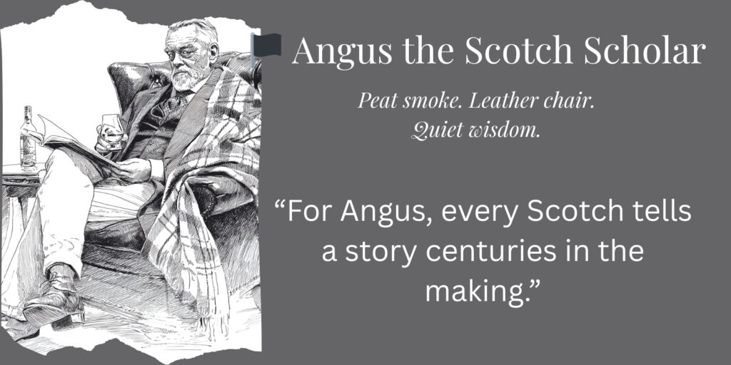 Ink sketch of Angus the Scotch Scholar, a whiskey personality who studies Scotch with wisdom and patience.