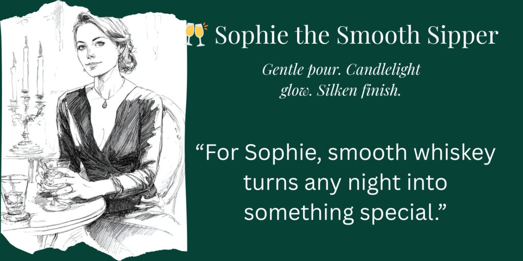 Ink sketch of Sophie the Smooth Sipper, elegant whiskey personality enjoying Irish whiskey by candlelight.