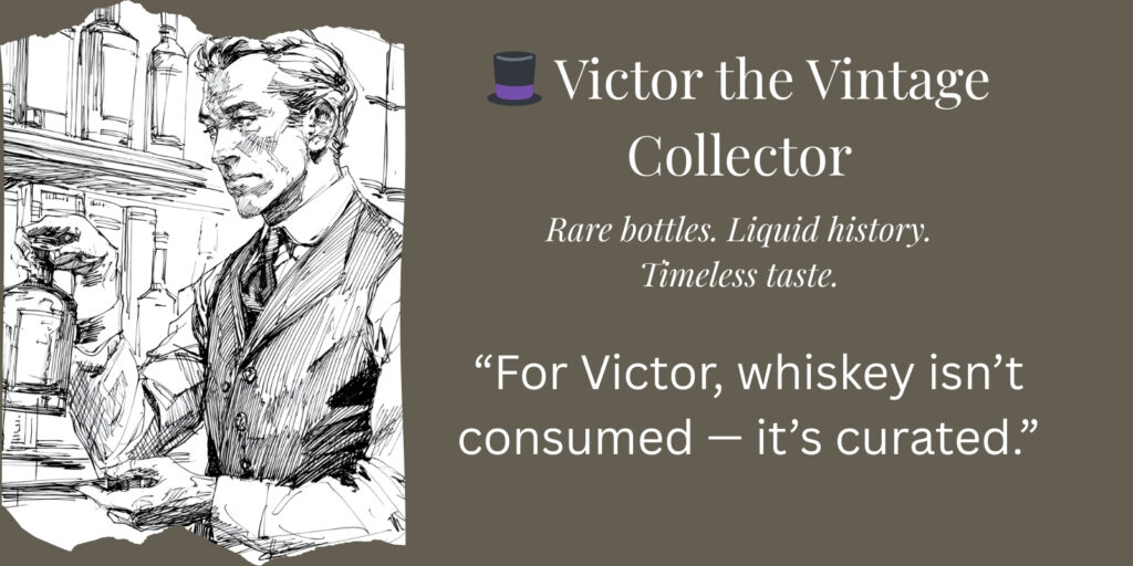 Ink sketch of Victor the Vintage Collector, a whiskey personality curating rare bottles and liquid history.