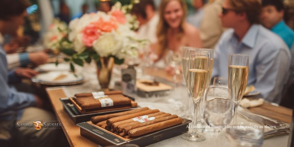Affordable cigars as handouts for wedding guests at a reception.