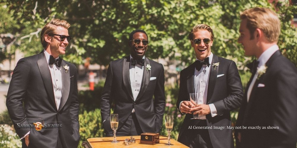 Groomsmen celebrating with champagne and cigars at a wedding. Best cigars for special occasions