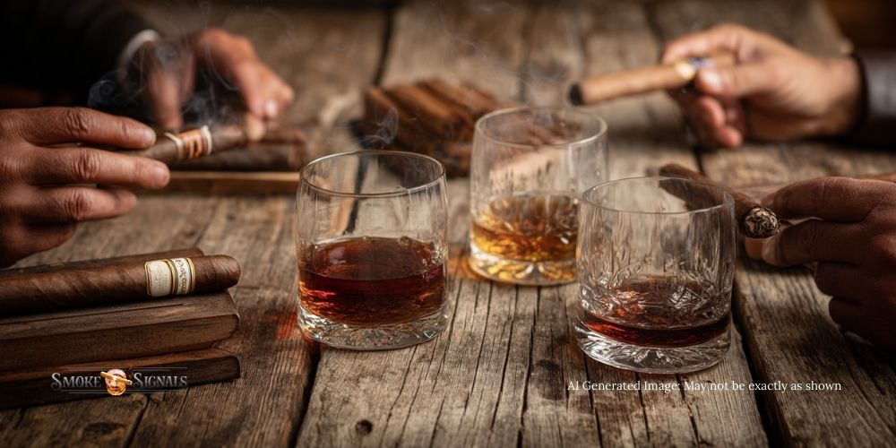 Friends sharing cigars and different whiskeys.