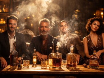 Friends enjoying whiskey and cigar pairings for beginners in a cozy lounge.