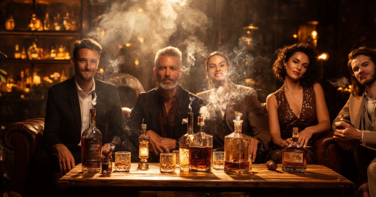 Friends enjoying whiskey and cigar pairings for beginners in a cozy lounge.