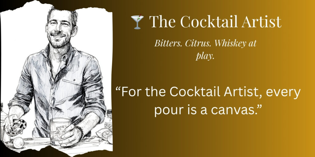Ink sketch of The Cocktail Artist, whiskey personality mixing cocktails with a shaker and a playful smile.