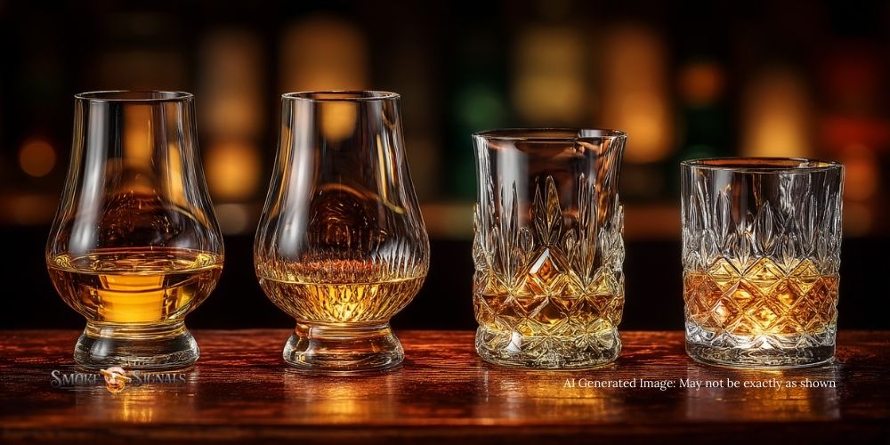 Whiskey tasting glass types compared — Glencairn, Copita, and tumbler with pours