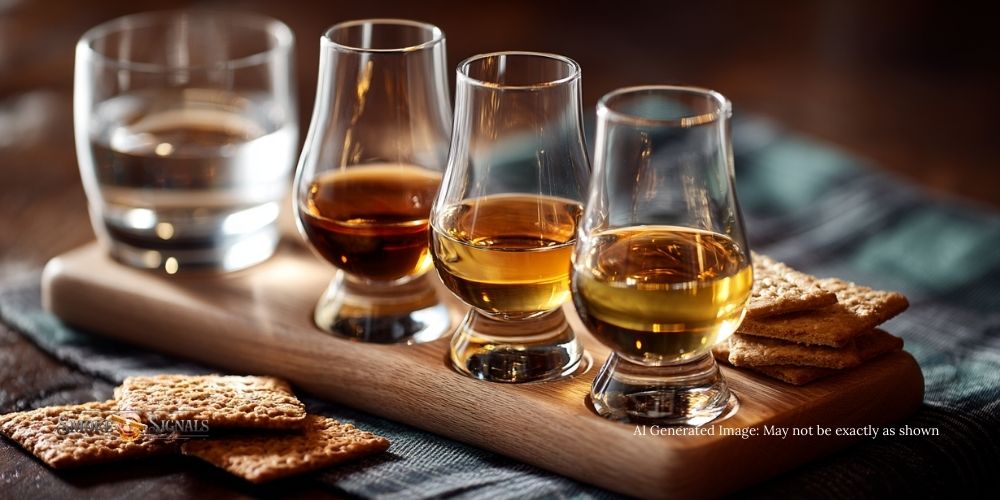 Whiskey tasting flight with light-to-dark pours, water glass, and crackers for palate cleansing