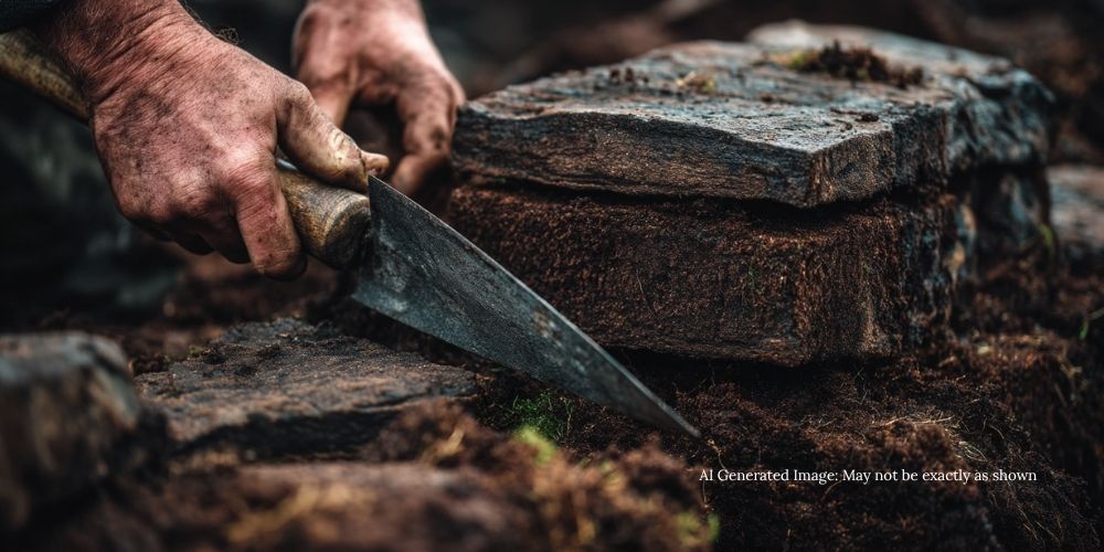 Traditional peat-cutting on Islay, with stacked drying blocks glowing under soft sunlight.