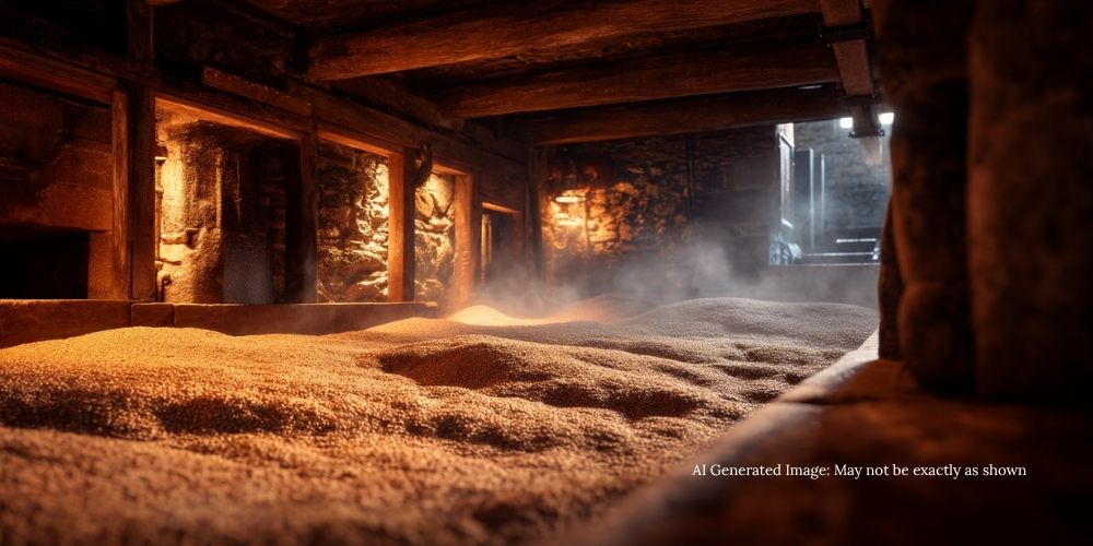 Inside an Islay distillery kiln with barley drying over peat smoke under warm amber light, the first step in creating Islay Scotch Whisky