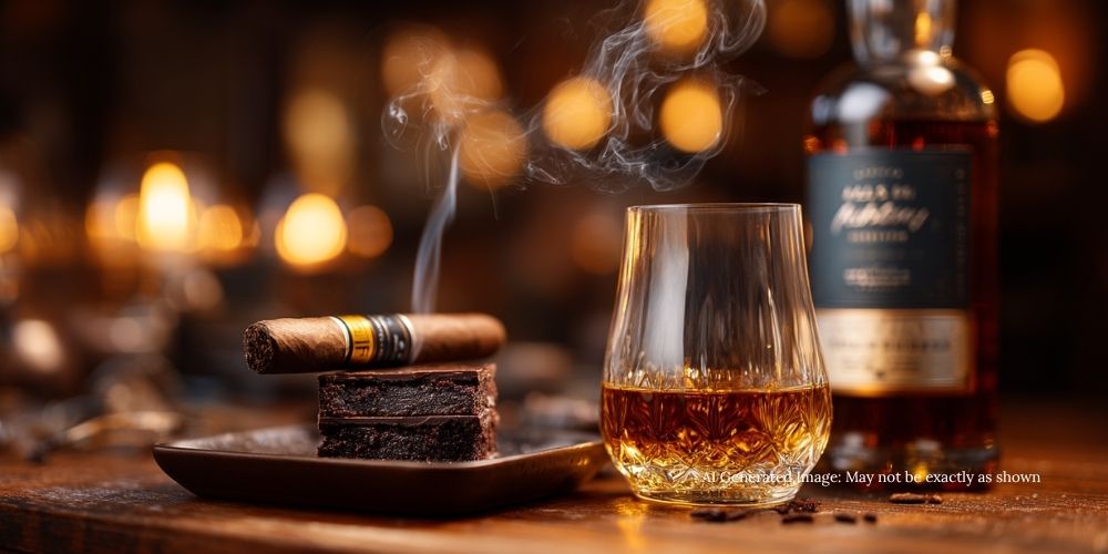 Cozy pairing room with a glass of Scotch, cigar, and dark chocolate under warm golden light.