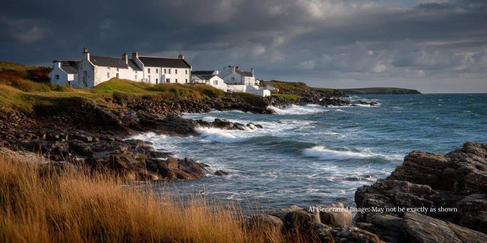 Southern Islay distilleries lining the rocky shoreline under a dramatic sky.