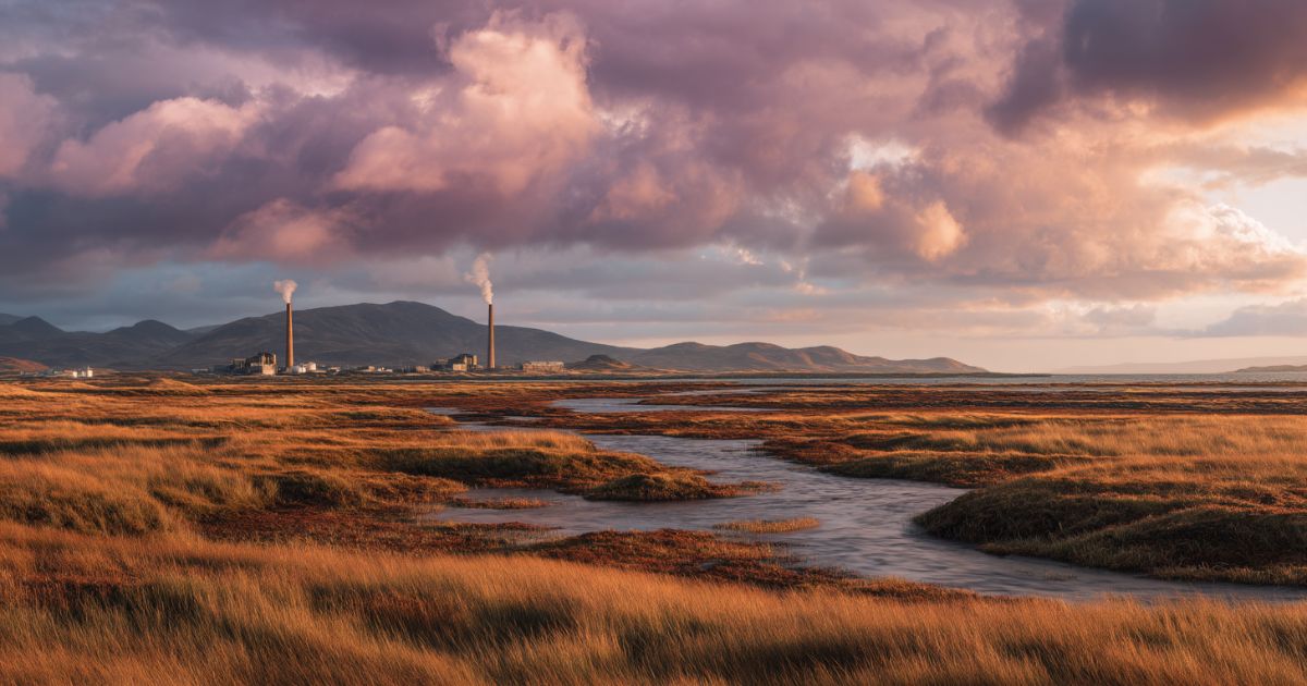Golden-hour view of Islay’s rugged coast and peat bogs, smoke rising gently from a seaside distillery.