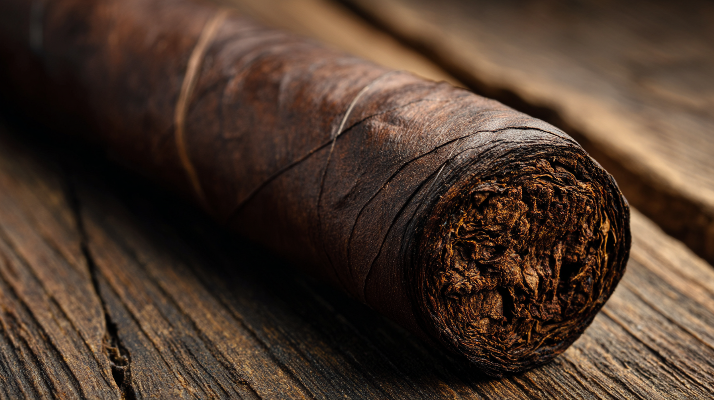 Close-up of a Connecticut Broadleaf cigar wrapper showing its dark, oily texture and thick tobacco leaf.