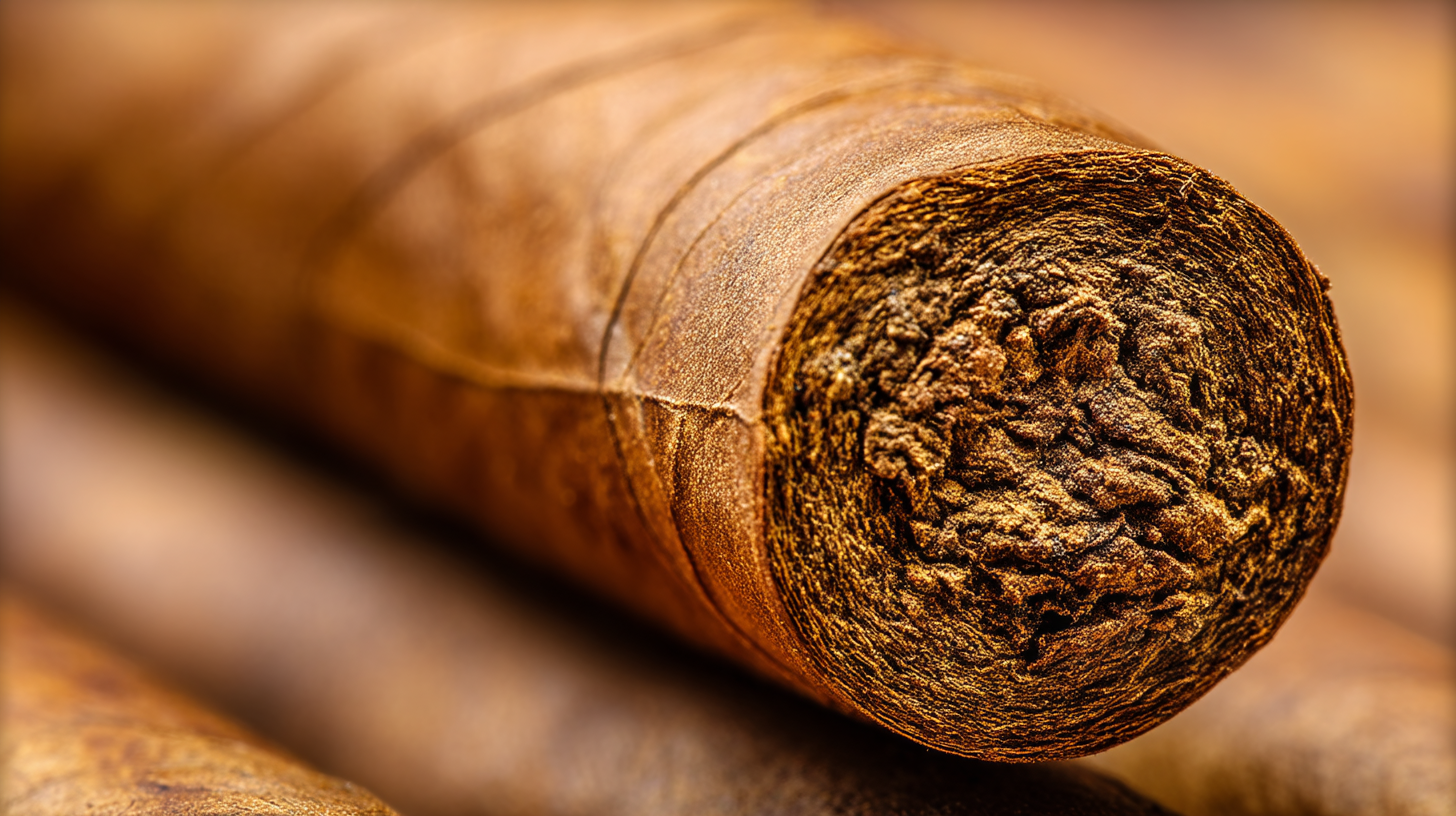 Cross-section of a hand-rolled cigar showing cigar construction, including wrapper, binder, filler, cap, and foot.