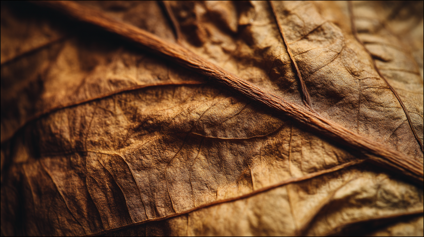 Macro close-up of a Corojo wrapper tobacco leaf showing its warm brown hue and fine veins.