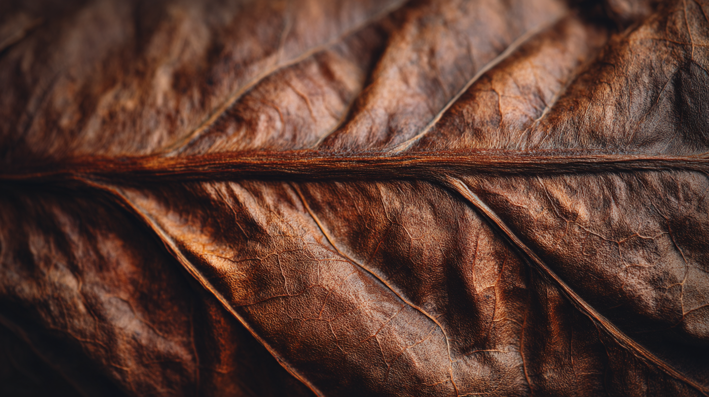 Macro close-up of a Habano wrapper tobacco leaf showing its rich brown color, fine veins, and natural oil sheen.