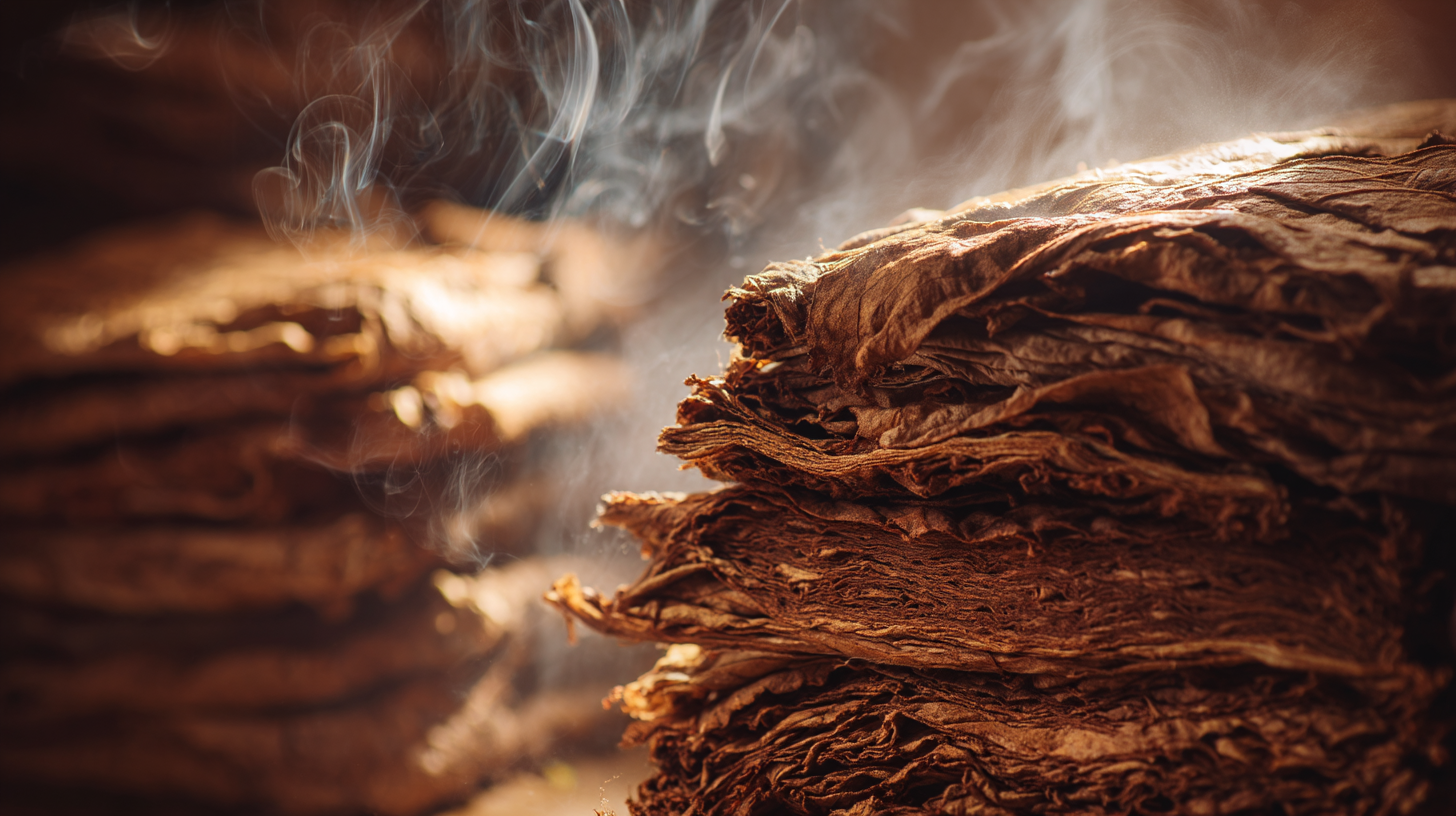 Macro close-up of fermentation process, tobacco leaves in pilones showing texture, steam, and warm brown tones.