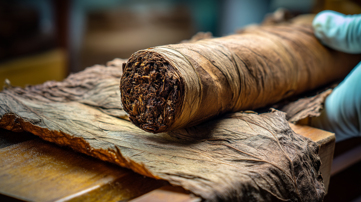 Macro close-up of a cigar binder leaf being rolled around filler tobacco.