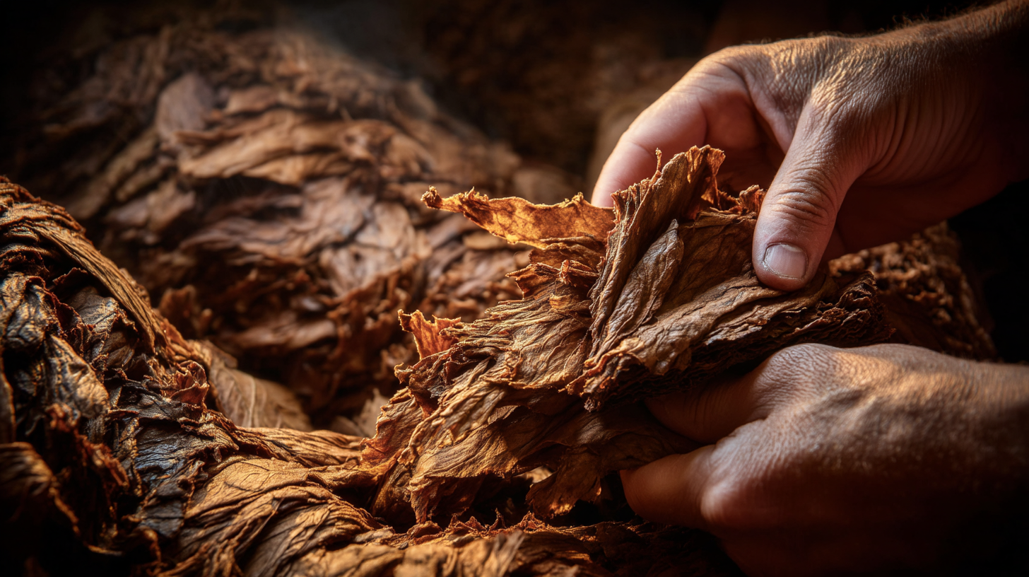 Macro close-up of cigar filler leaves being bunched by hand, showing various brown tones.