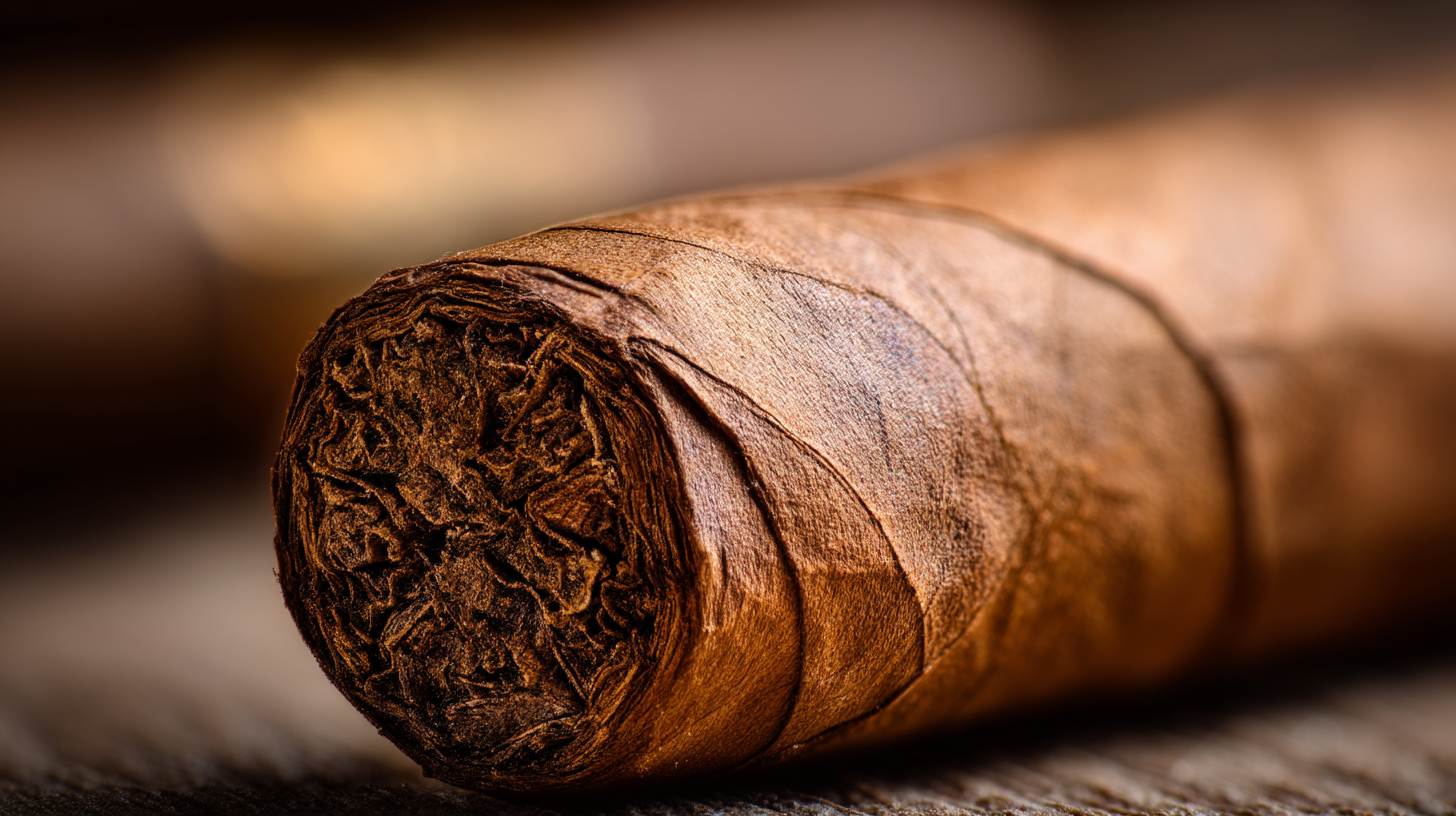 Macro close-up of a cigar’s foot showing exposed filler and wrapper edge.