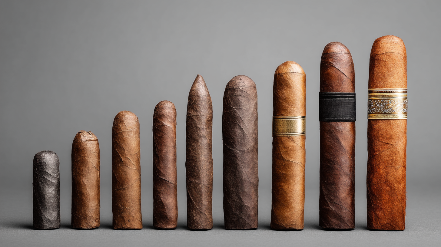 Lineup of different cigar vitola from thin Lancero to thick Gordo, showing differences in length and ring gauge.