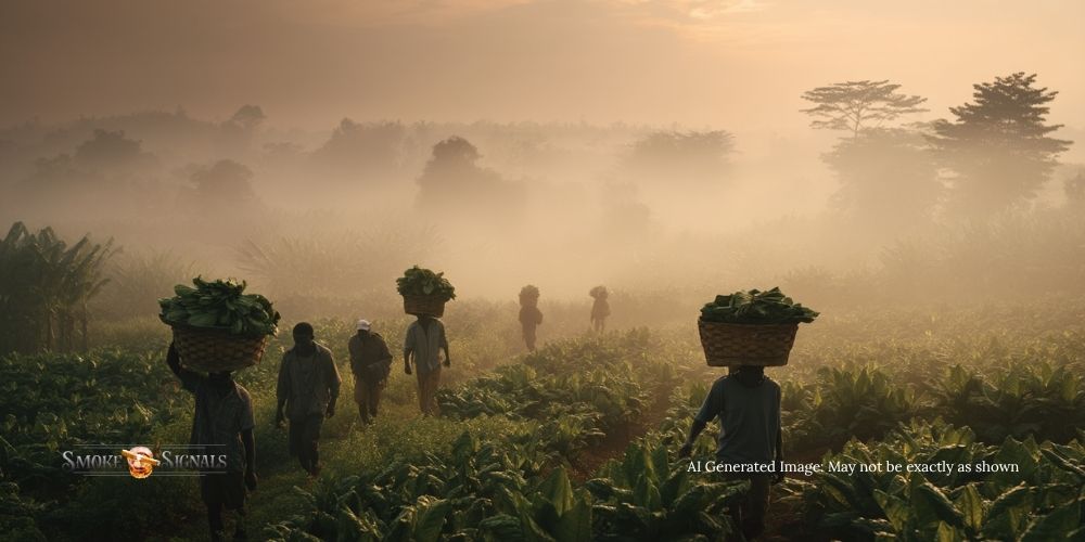 A group of people walk through lush green fields at dawn, carrying baskets filled with leafy produce on their heads. Mist blankets the landscape, with silhouettes of trees visible in the hazy golden light of early morning.