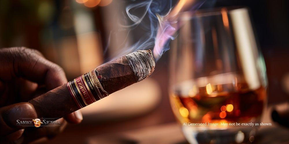 A close-up of a hand holding a lit cigar with smoke rising, next to a glass of amber-colored whiskey. The background is softly blurred, creating a warm and cozy atmosphere. The image has a logo and a disclaimer noting it is AI-generated.