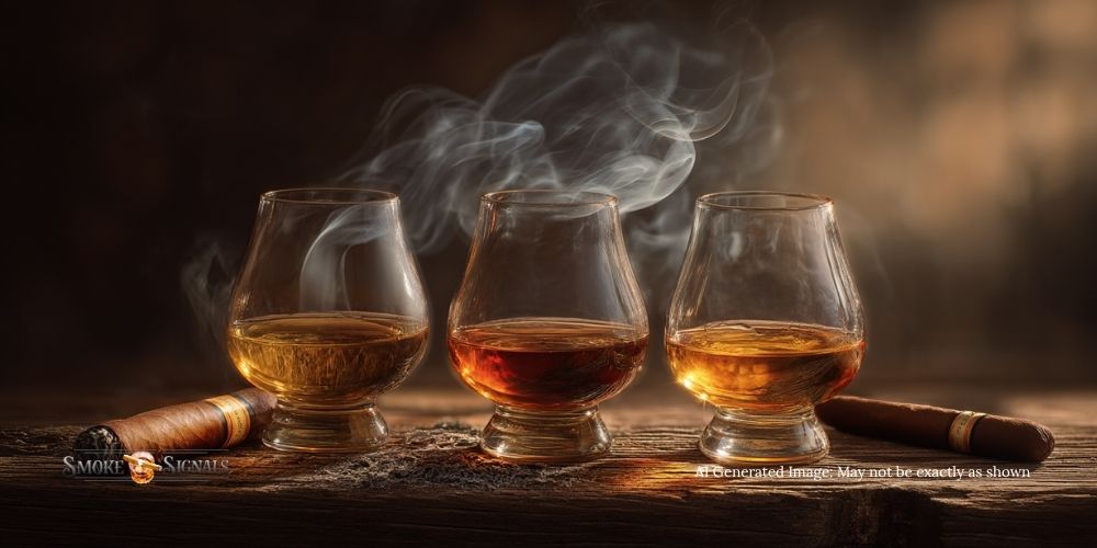 Three glasses of whiskey sit on a rustic wooden surface, each filled with amber liquid. Wisps of smoke rise from two mild cigars resting nearby, creating a warm, cozy atmosphere perfect for a relaxed rum pairing and smoky ambiance.