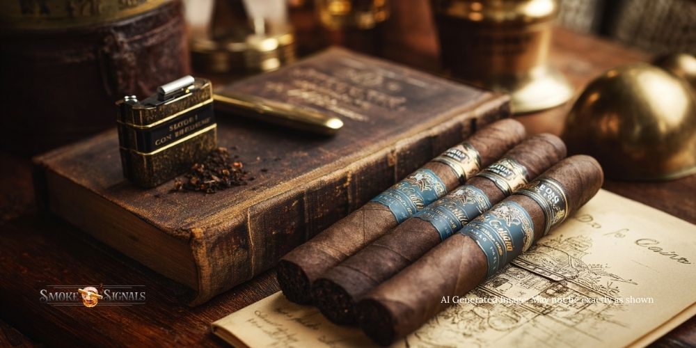 Three dark cigars with blue labels rest on a vintage notebook with sketches. Nearby are an old hardcover book, a gold pen, a classic lighter, and antique brass objects, all arranged on a polished wooden table for a nostalgic atmosphere.
