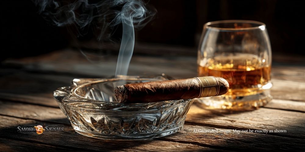 A lit mild cigar rests on the edge of a clear glass ashtray, smoke rising as a glass of amber whiskey awaits beside it. The warm light hints at a perfect rum pairing, both items glowing softly against a dark, blurred background.