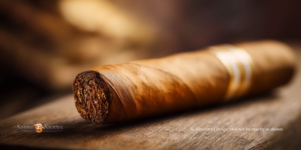 A close-up of an unlit cigar with a brown, textured wrapper and a gold-and-white band rests on a wooden surface&mdash;ideal for mild cigars rum pairing. The softly blurred background highlights the rolled tobacco end and subtle branding in the corner. Mild cigars rum pairing