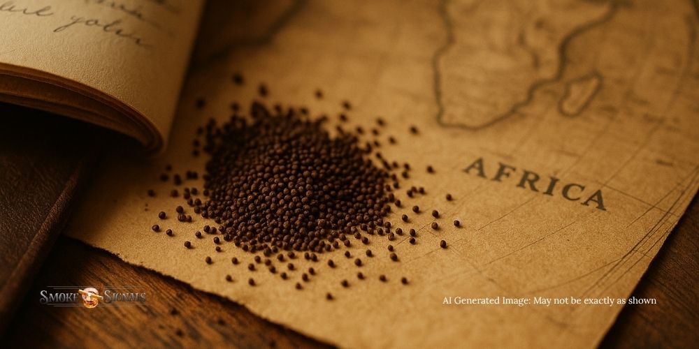 A close-up shows a pile of tiny brown seeds scattered on a sepia-toned map of Africa. An open book sits to the left, partially visible, hinting at the origins of the prized Cameroon Cigar Wrapper and its connection to the continent.