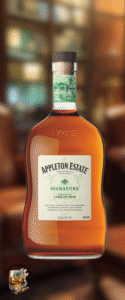 A bottle of Appleton Estate Signature Jamaican Rum stands upright on a blurred library background. With its amber liquid, white and green label, and cork top, it&rsquo;s ideal for a mild cigars rum pairing in an elegant setting.