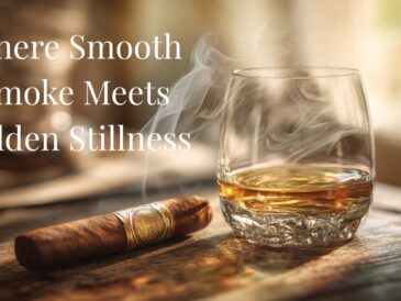 A lit mild cigar and a glass of amber whiskey sit on a rustic wooden table, perfect for a rum pairing. Morning light streams in, highlighting swirling smoke. Text reads: “Where Smooth Smoke Meets Golden Stillness.” The mood is warm and tranquil. Mild Cigars rum pairing