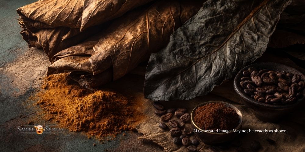 A rustic table displays dried tobacco leaves, cocoa beans, cocoa powder in a bowl, and a mound of brown powder. The scene is warm and earthy, highlighting the natural textures—perfect for showcasing the rich tones of a San Andres wrapper.