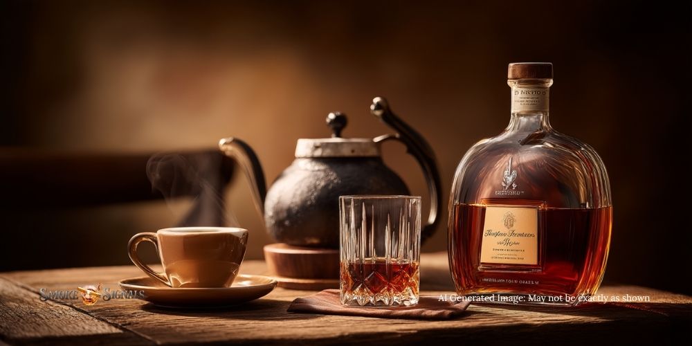 A wooden table holds a steaming cup of coffee on a saucer, a metal teapot, a glass of whiskey with ice, and a bottle of amber liquor. Warm lighting creates a cozy atmosphere, reminiscent of the rich tones found in a San Andres wrapper.
