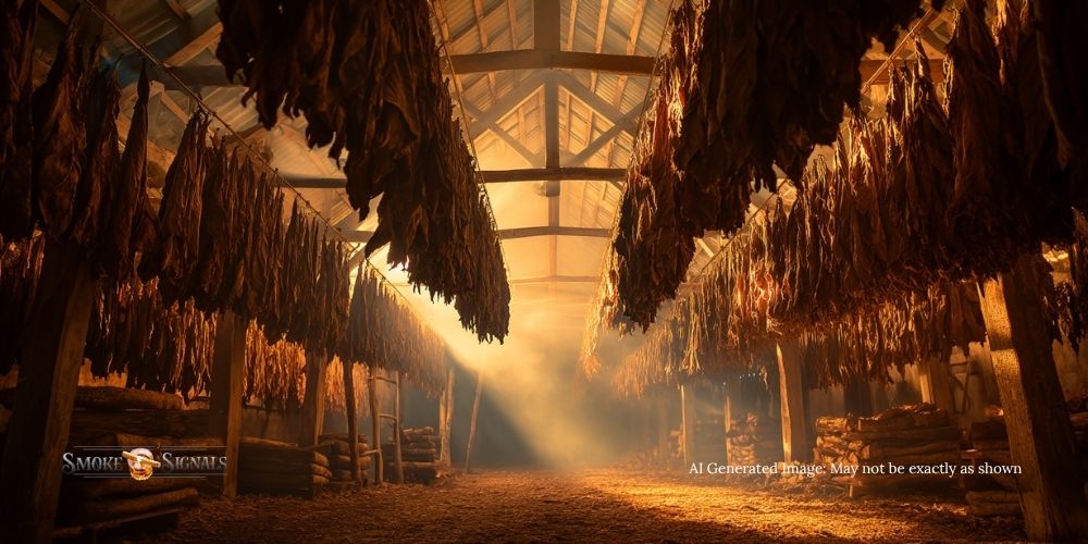 Sunbeams stream into a rustic wooden barn filled with rows of tobacco leaves, including prized San Andres wrapper, hanging from rafters to dry. The straw-covered floor glows in the warm, golden light, creating a tranquil, vintage atmosphere. Logo and text appear in the corners.