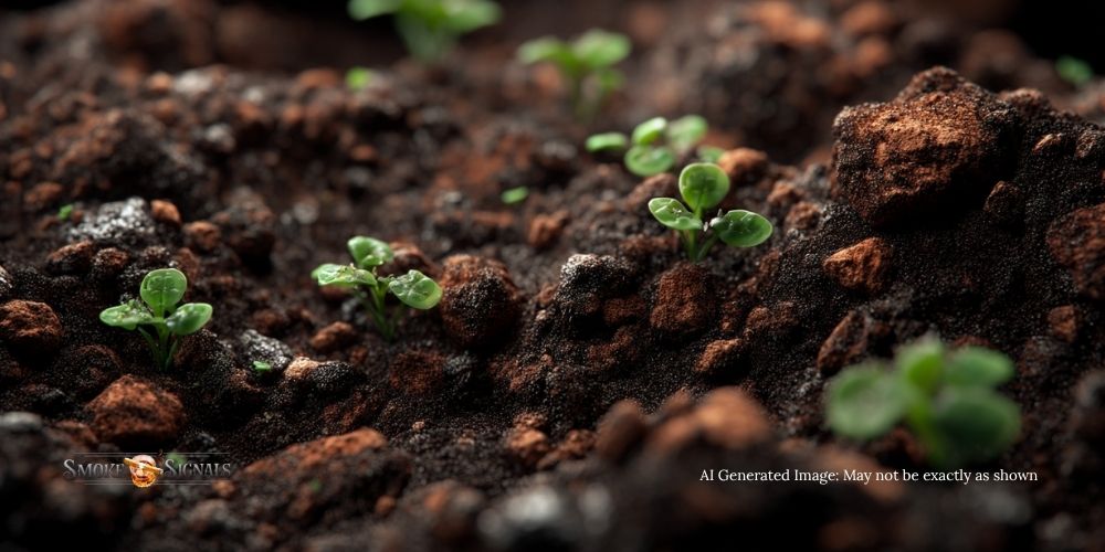 Close-up of dark, rich soil with small green seedlings sprouting among moist, textured clumps of earth. The shiny leaves evoke the silky sheen of a san andres wrapper. Text in the corner states, AI Generated Image: May not be exactly as shown.