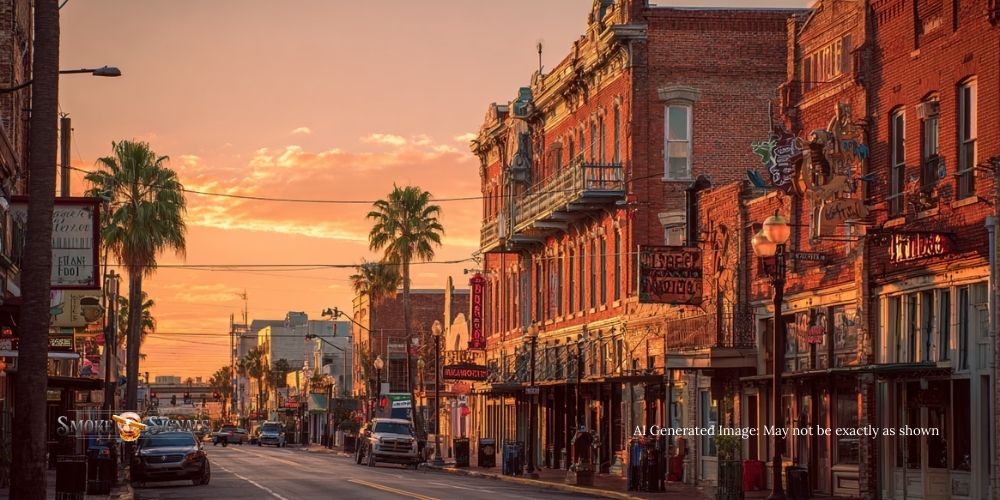 A sunlit street in a historic district with palm trees lining both sides. Red-brick buildings with balconies and vintage signs line the sidewalk. The sky is orange with the setting sun, casting warm light on the scene. Few cars and people are visible in the street.