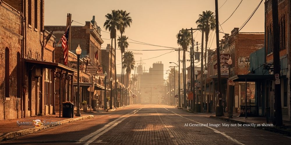 A deserted, sunlit street in a historic American town, lined with old brick buildings, palm trees, flags, vintage signs, and street lamps. The scene is bathed in warm light, with visible power lines and a hazy, distant background.