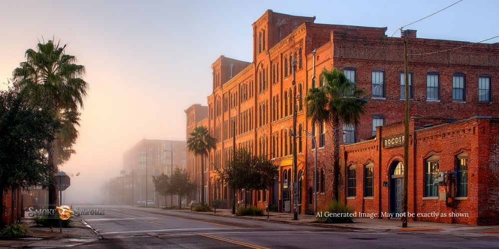 A quiet, empty street lined with tall, historic red-brick buildings in soft morning light. Palm trees and streetlights line the sidewalk. The scene is misty, creating a calm, atmospheric mood. A sign reads SOCI on one building&rsquo;s entrance.